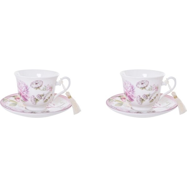 4pc Gibson Gifts Roses & Dandelion Tasseled Tea Cup & Saucer Set w/ Box