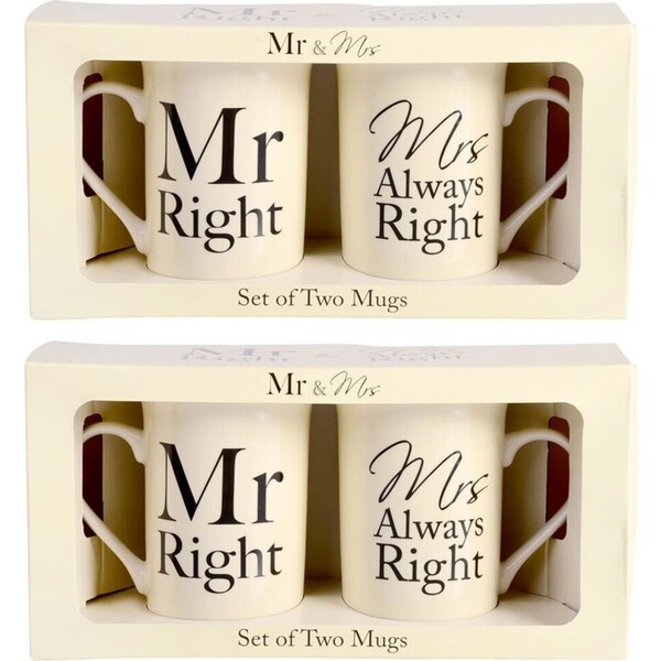 4pc Gibson Gifts Ceramic Mr & Mrs Right Coffee/Tea Mug Cup Drinkware Set WHT
