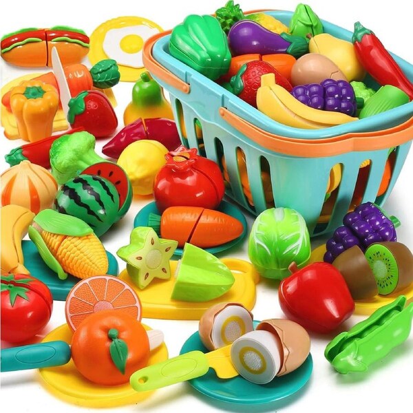30 Pcs Cutting Play Food Toy for Kids Kitchen Pretend, Cooking Fruit &Vegetables Accessories with Shopping Storage Basket, Baby Children Educational Toy