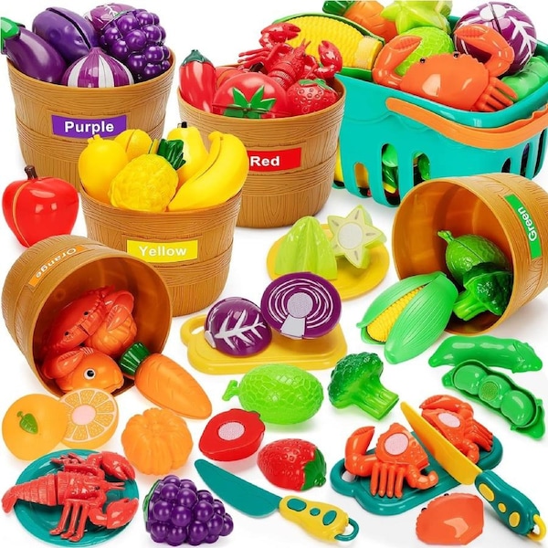 Color Sorting Play Food Set ,Cutting Play Food Toy for Kids Kitchen, Preschool Educational Toy for Toddler Boy Girl Christmas Birthday Gifts (68 Pcs)
