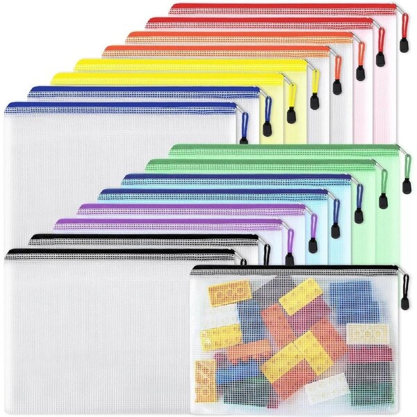 16pcs Mesh Zipper Pouch Document Bag Zip File Folders, Letter Size/A4 Size, for Office Supplies, Travel Storage Bags, 8 Colors