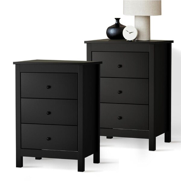 Oikiture Bedside Tables Set of 2 Nightstands Storage Cabinet 3 Drawers Black