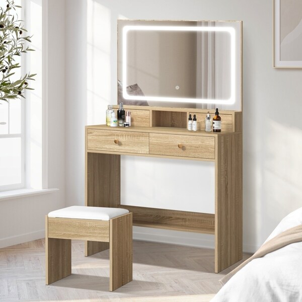 Oikiture Dressing Table Stool Set LED Mirror Vanity Desk with Drawers Natural