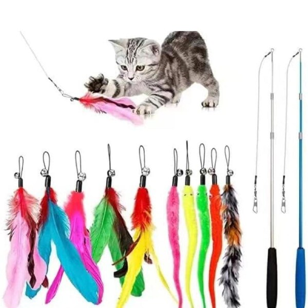 JIARON Feather Teaser Cat Toy, 2PCS Retractable Cat Wand Toys and 10PCS Replacement Teaser with Bell Refills, Interactive Catcher Teaser and Funny Exercise for Kitten or Cats