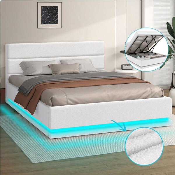 ALFORDSON Bed Frame King Gas Lift Storage RGB LED Platform Boucle