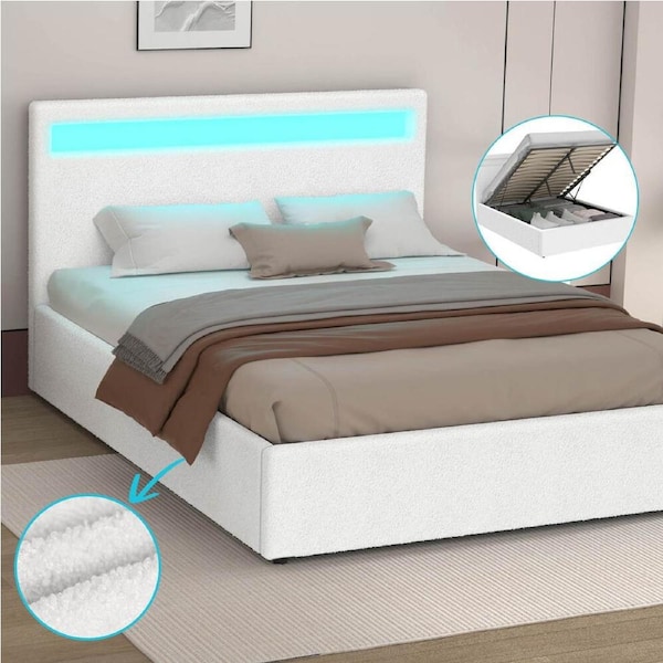 ALFORDSON Bed Frame Queen Gas Lift Storage RGB LED Base Boucle