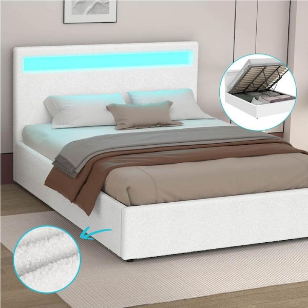 ALFORDSON Bed Frame King Gas Lift Storage RGB LED Base Boucle