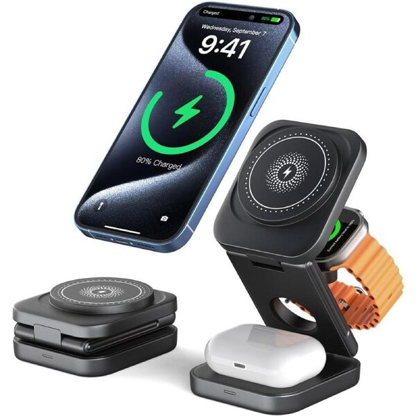 3 in 1 Fast Wireless Charger, Magnetic Foldable Wireless Phone Charger Compatible with iPhone, 5W Portable Charger Compatible with iWatch and iOS/Android
