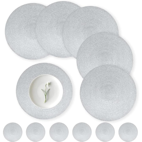 Set of 6 Round Placemats - 38cm Heat Resistant Braided Table Mats with Coasters (Silver)