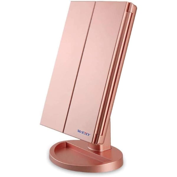 Lighted Tri-Fold Makeup Mirror with 3x Magnification, LED Lights, and Touch Screen - Rose Gold