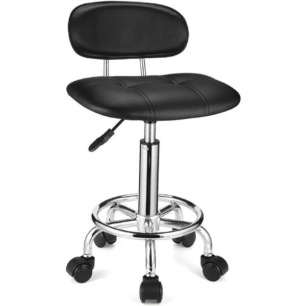 Adjustable Swivel Stool with Backrest and Wheels - Black Square Rolling