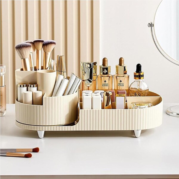 Large Capacity Rotating Makeup Organizer for Lipsticks, Skincare, Brushes, and Jewelry - Creamy White