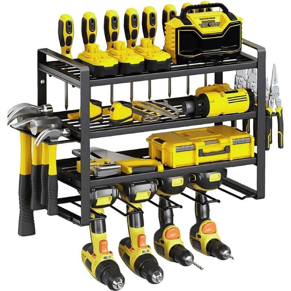 Garage Tool Wall Mount Organizer - 4 Tier Storage Shelf for Power Tools, Drills, and Accessories