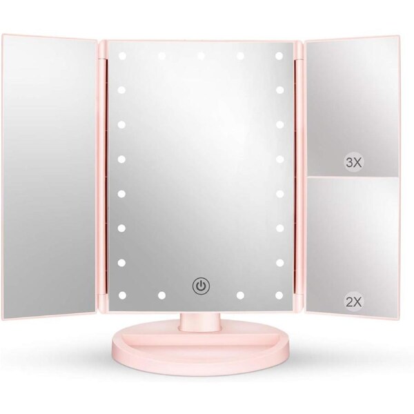 Lighted Vanity Makeup Mirror with LED Lights and Magnification - Touch Screen, Dual Power Supply, Portable
