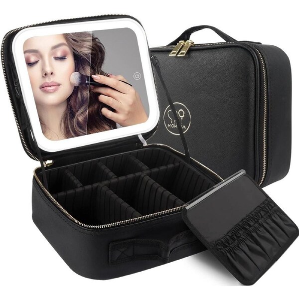 Travel Makeup Bag with Lighted Mirror - Waterproof Train Case