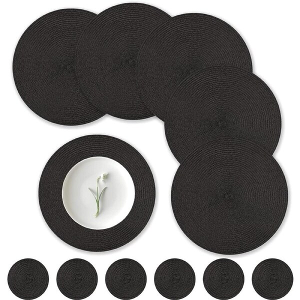 Set of 6 Round Placemats - 34cm Heat Resistant Braided Table Mats with Coasters