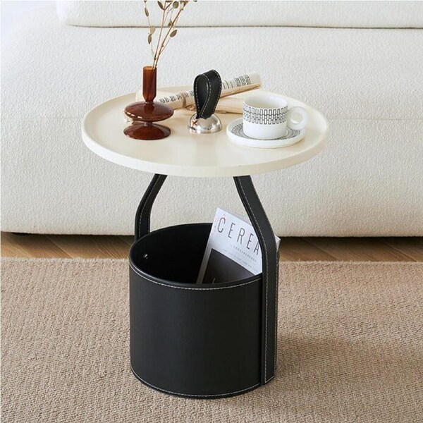 Modern Round Side Table with Storage and Leather Basket - Black