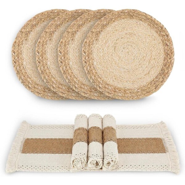 Handmade Boho Placemats Set of 4 - Natural Cotton Burlap and Water Straw Woven Combination Table Mats