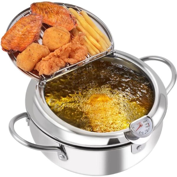 3.4L Stainless Steel Deep Fryer Pot with Thermometer and Oil Drip Rack Lid - (9.4, Silver)