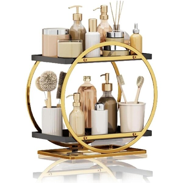 Makeup Organizer for Bathroom Counter - 2 Tier Cosmetic Display Tray (Gold)