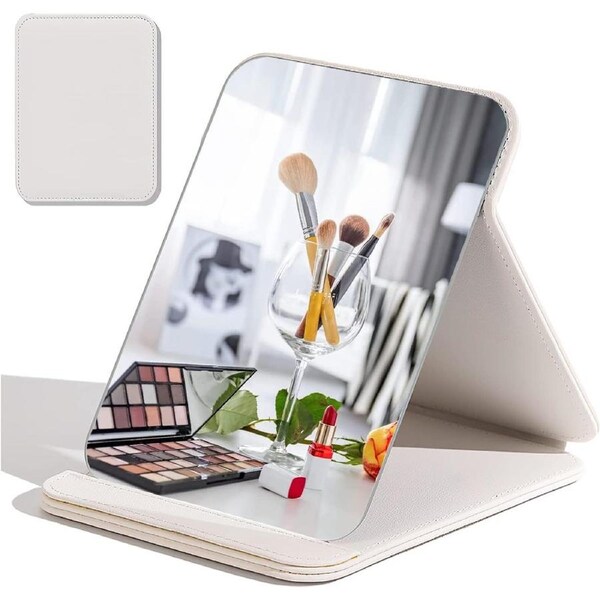 Portable Folding Makeup Mirror with PU Leather Cover and Stand - White