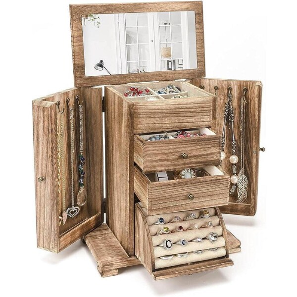 Rustic Wooden Jewelry Box for Women - 4 Layer Organizer with Mirror