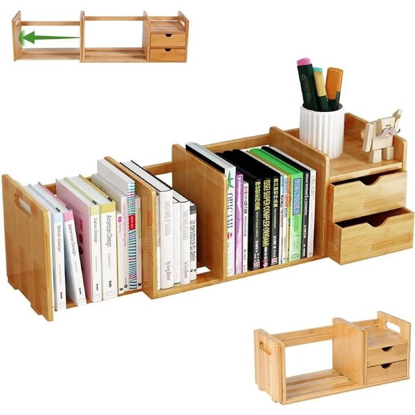 Desktop Organizer Storage Rack Bamboo Expandable Bookshelf with 2 Drawers and CD Holder for Home Office