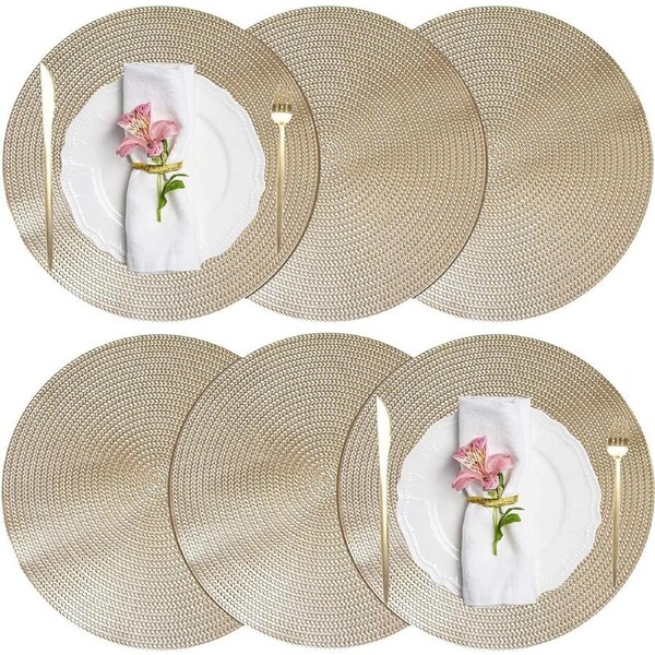 Round Placemats Set of 6 - Washable, Anti-Skid, Heat-Resistant PVC - Gold