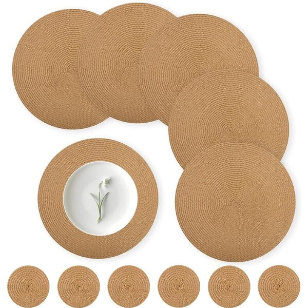 Round Placemats Set of 6 - 34cm Heat Resistant Braided Table Mats with Coasters