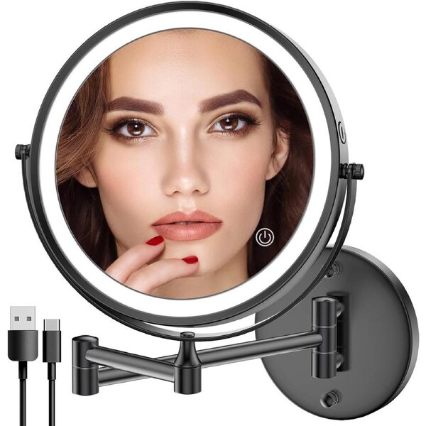 Rechargeable Lighted Makeup Mirror with 3 Color Lights, Dimmable Touch Screen, 8 LED Double Sided 1x/10x (Black)