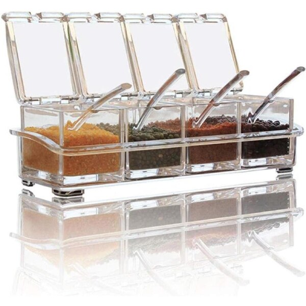 Clear Seasoning Box - 4-Piece Storage Container for Spice, Salt, Sugar, Condiments with Spoons