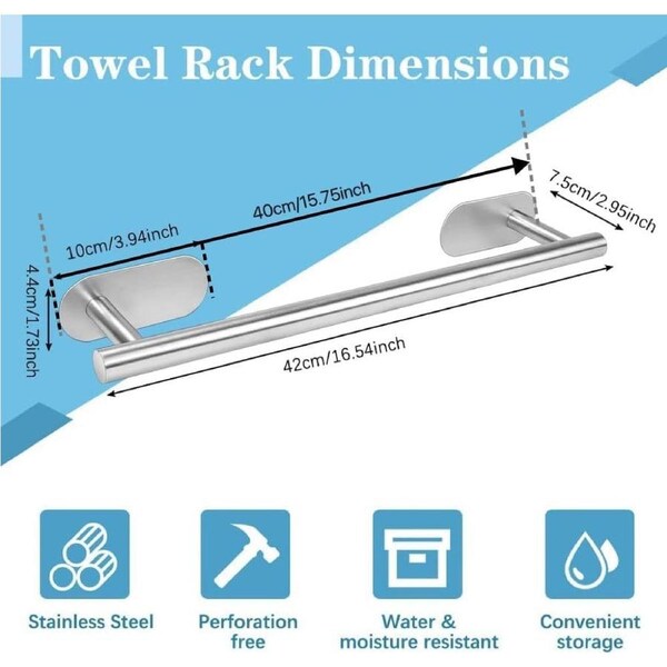 Self Adhesive Towel Rail 40cm Stainless Steel - Easy Install for Bathroom & Kitchen