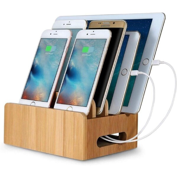 Multi-Device Bamboo Charging Station and Phone Holder