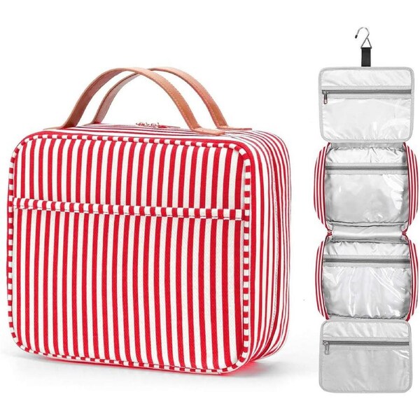 Hanging Travel Toiletry Bag for Women - Large Capacity, Waterproof, 4 Compartments, Red