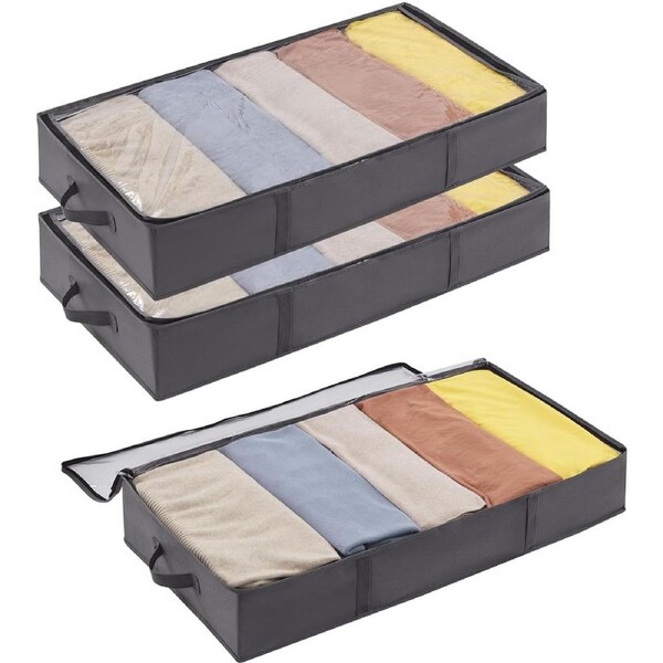 Underbed Storage Bag Organizer with Reinforced Handle, Clear Window, and Large Capacity - Set of 3, Grey