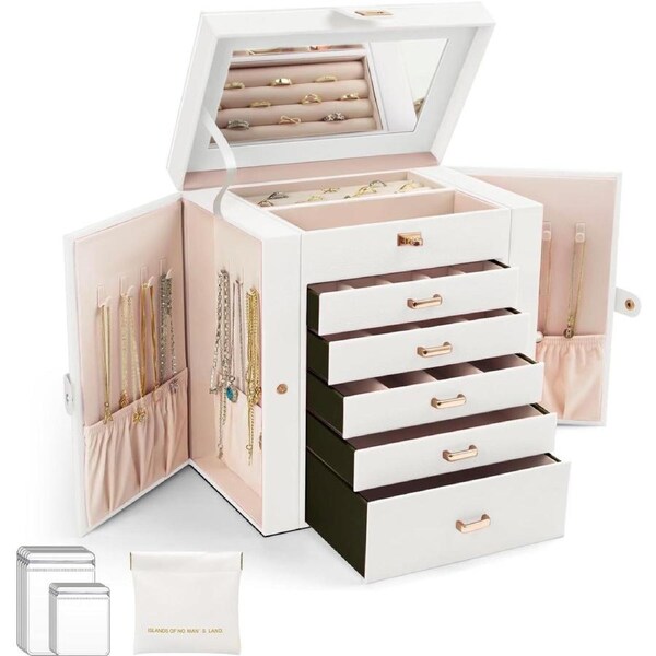 Large 6-Layer Jewelry Box with Mirror and 5 Drawers for Women - White
