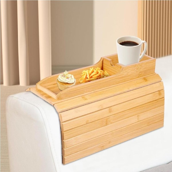 Bamboo Couch Cup Holder Tray for Drinks, Snacks, and Remote Control