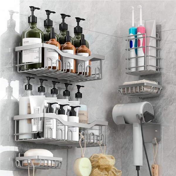 6 Pack Shower Caddy Adhesive Organizer for Bathroom and Kitchen Storage