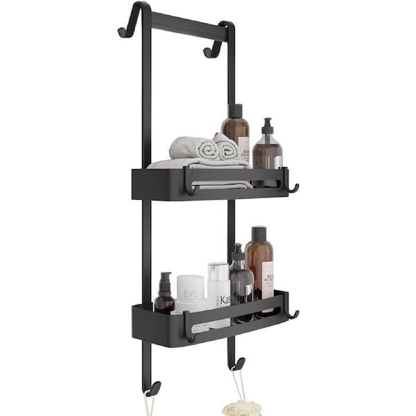 2-Tier Overdoor Shower Caddy with Hooks and Suction Cups - Rustproof Aluminum, Black