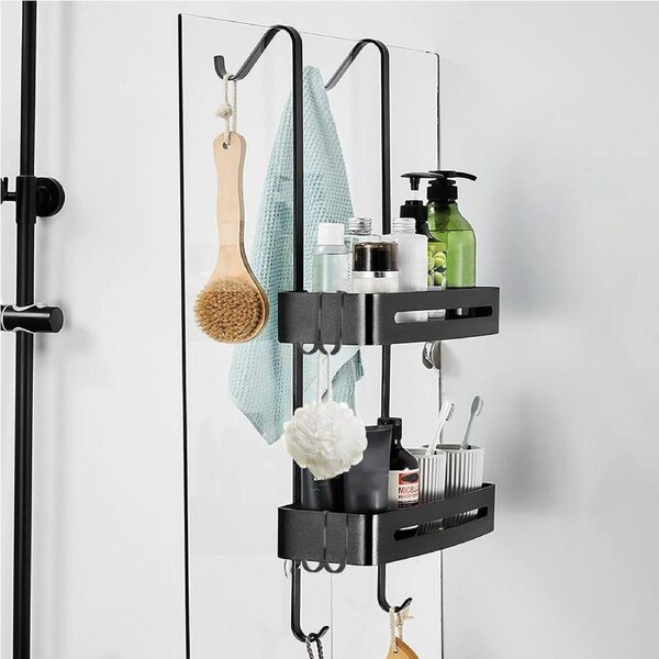 Over the Door Shower Caddy with 2-Tier Rack and Hooks for Shower Storage