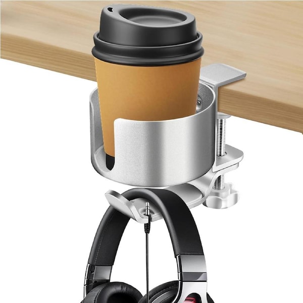 2 in 1 Desk Cup Holder with Headphone Hanger - Anti-Spill, Easy Install (Silver)