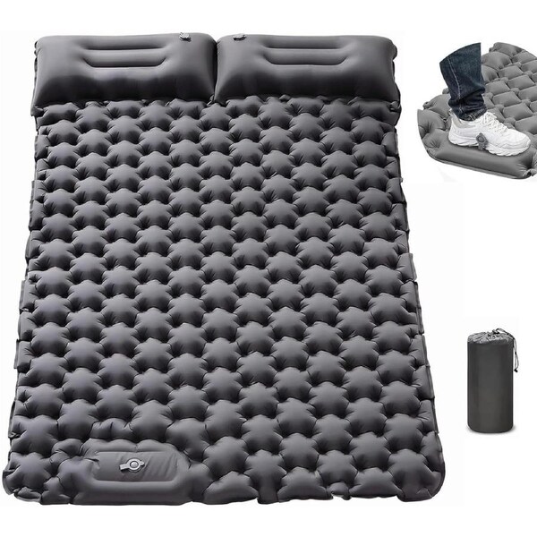 Double Camping Pad - Upgraded Inflatable Self-Inflating Mat with Foot Pump and Pillow - Gray