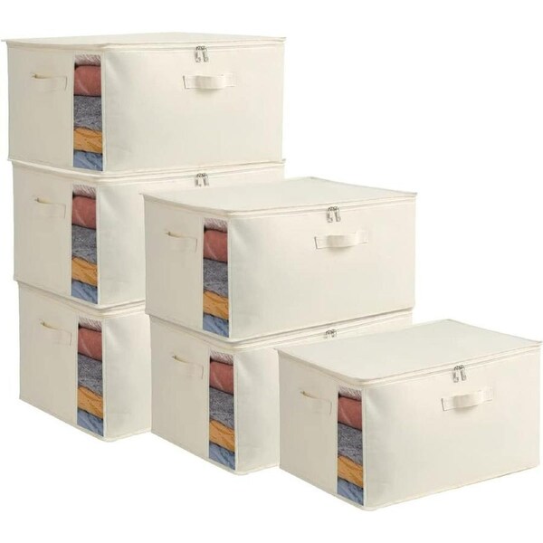 6 Pack Large Canvas Comforter Storage Bags - Dual Zipper, 3 Handles - Blanket Closet Organizer