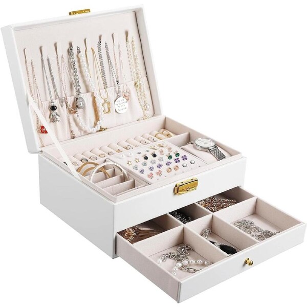 2-Layer Large Jewelry Organizer for Women - Removable Tray - White Gift Box