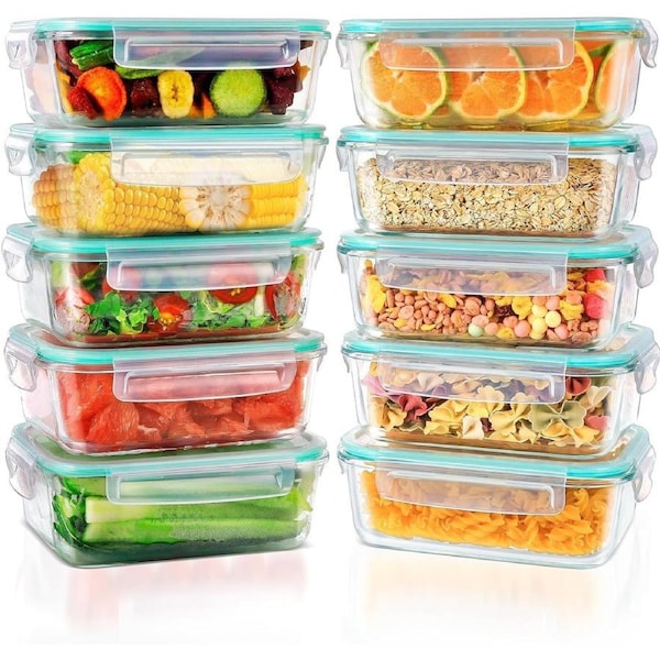 10-Pack Airtight Glass Food Storage Containers with Lids for Meal Prep, Microwave and Freezer Safe