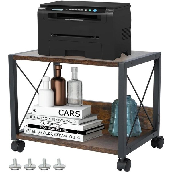 Rustic Desktop Printer Stand with Wheels and 2-Tier Storage Shelf for Home Office Use
