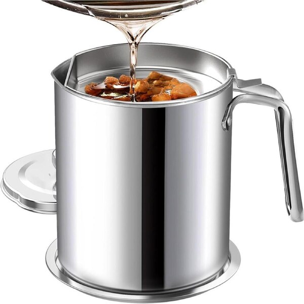 Stainless Steel Oil Strainer Pot - 2L Container with Fine Mesh and Non-Slip Plate