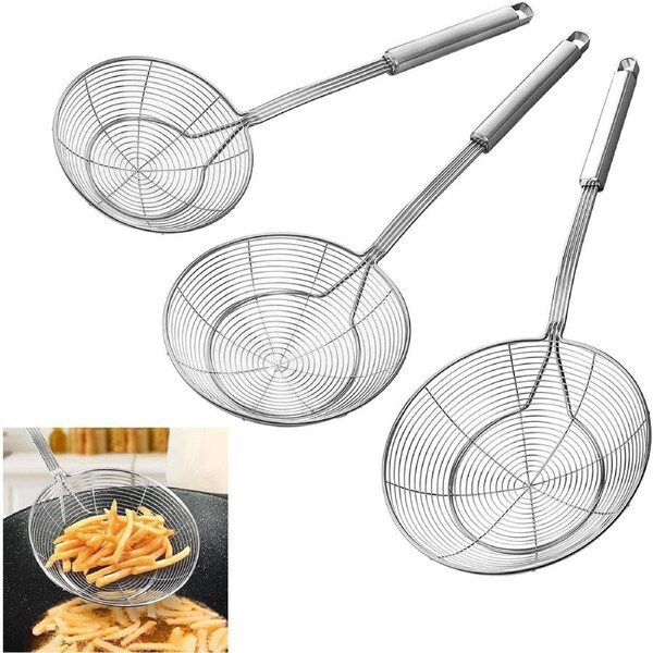 Stainless Steel Spider Strainer Skimmer Spoon Set - 3 Solid Wire Asian Ladles