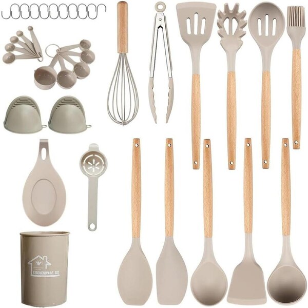 36pc Silicone Utensil Set - 446°F Heat Resistant Non-Stick Cooking Spatulas with Holder & Wooden Handle