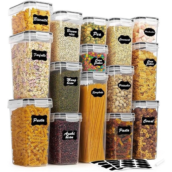 15-Piece Airtight Food Storage Set with Lids - Dishwasher Safe - Includes 24 Labels (Black)